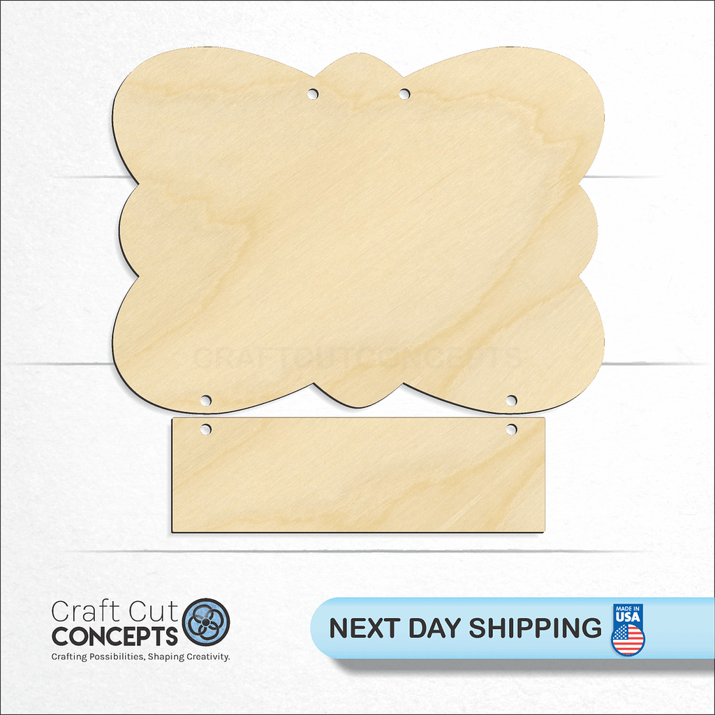 Craft Cut Concepts logo and next day shipping banner with an unfinished wood Door Hanger craft shape and blank