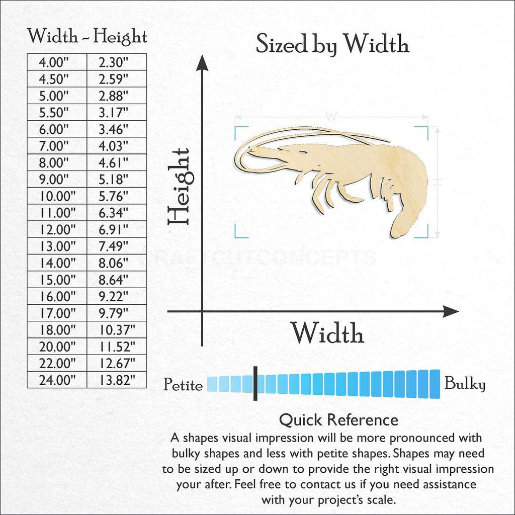 Sizes available for a laser cut Shrimp craft blank