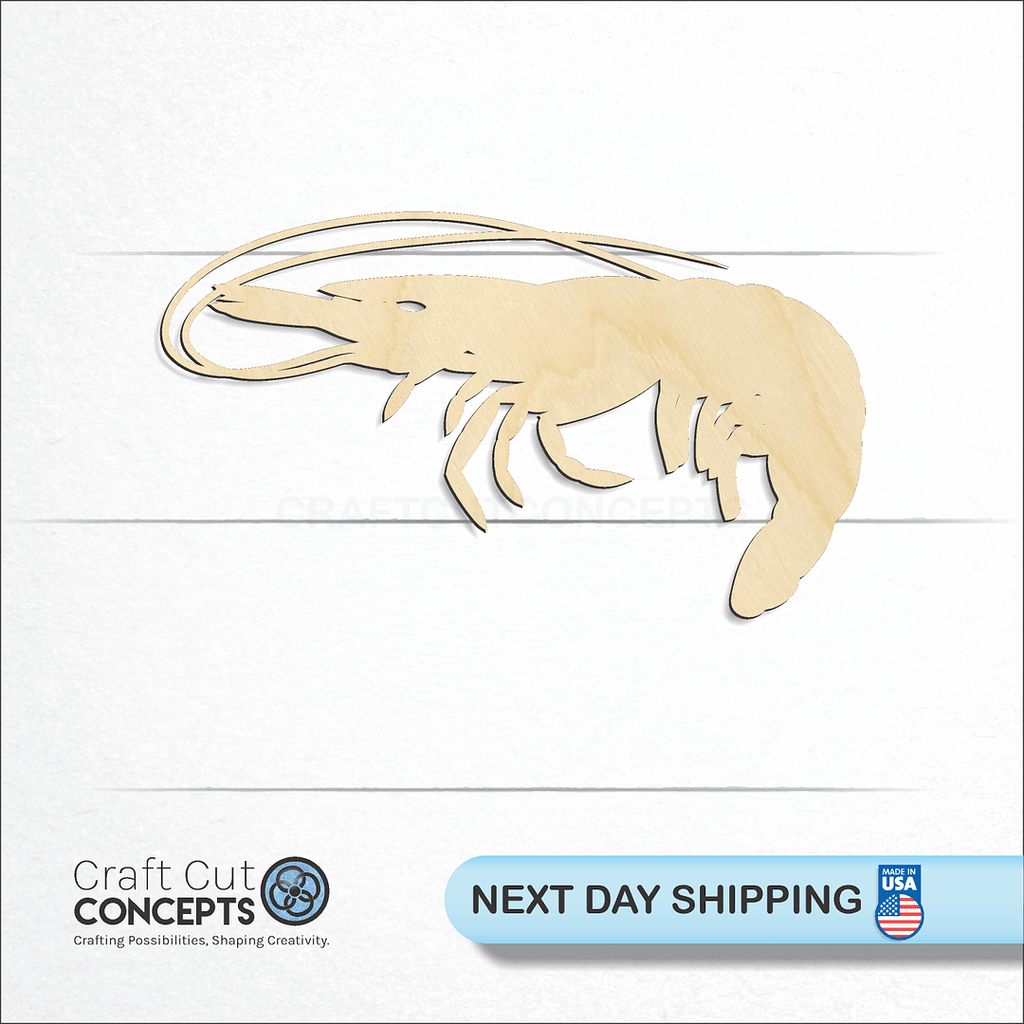 Craft Cut Concepts logo and next day shipping banner with an unfinished wood Shrimp craft shape and blank