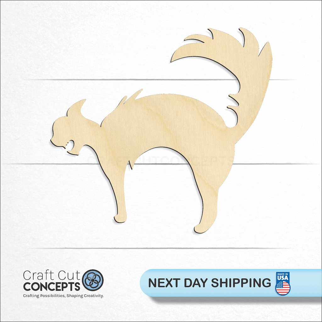 Craft Cut Concepts logo and next day shipping banner with an unfinished wood Halloween Cat craft shape and blank