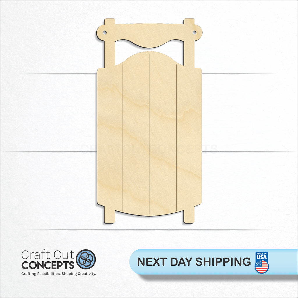 Craft Cut Concepts logo and next day shipping banner with an unfinished wood Snow Sled Christmas craft shape and blank