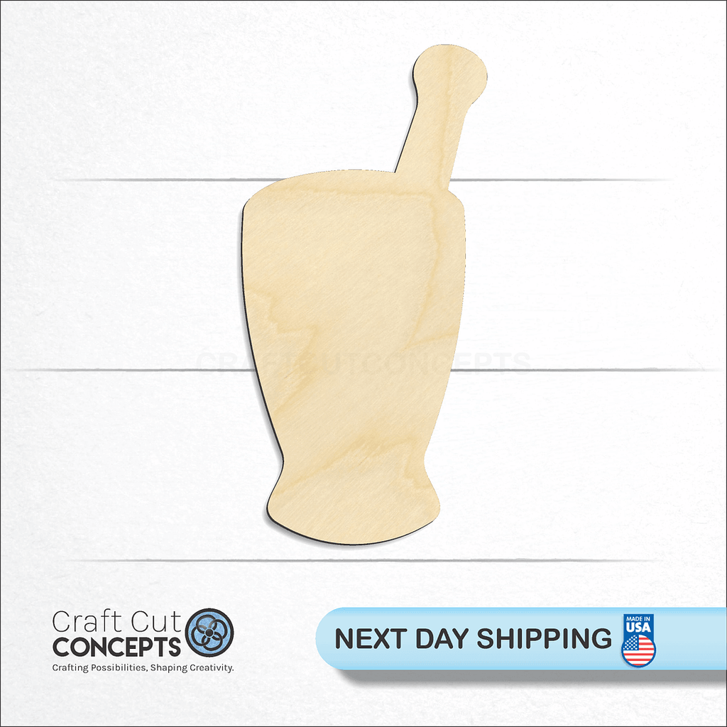 Craft Cut Concepts logo and next day shipping banner with an unfinished wood Moartar and Pestle craft shape and blank