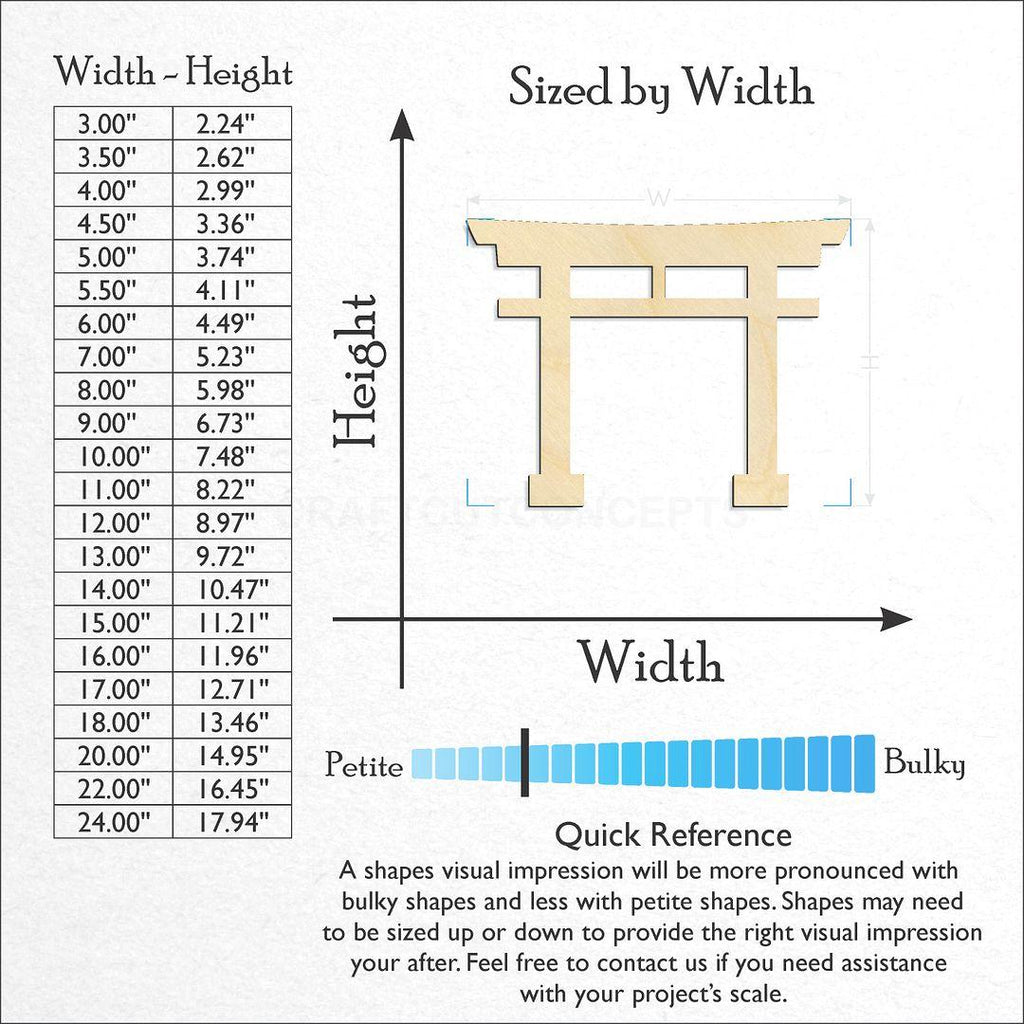 Sizes available for a laser cut Torri Japan Gate craft blank