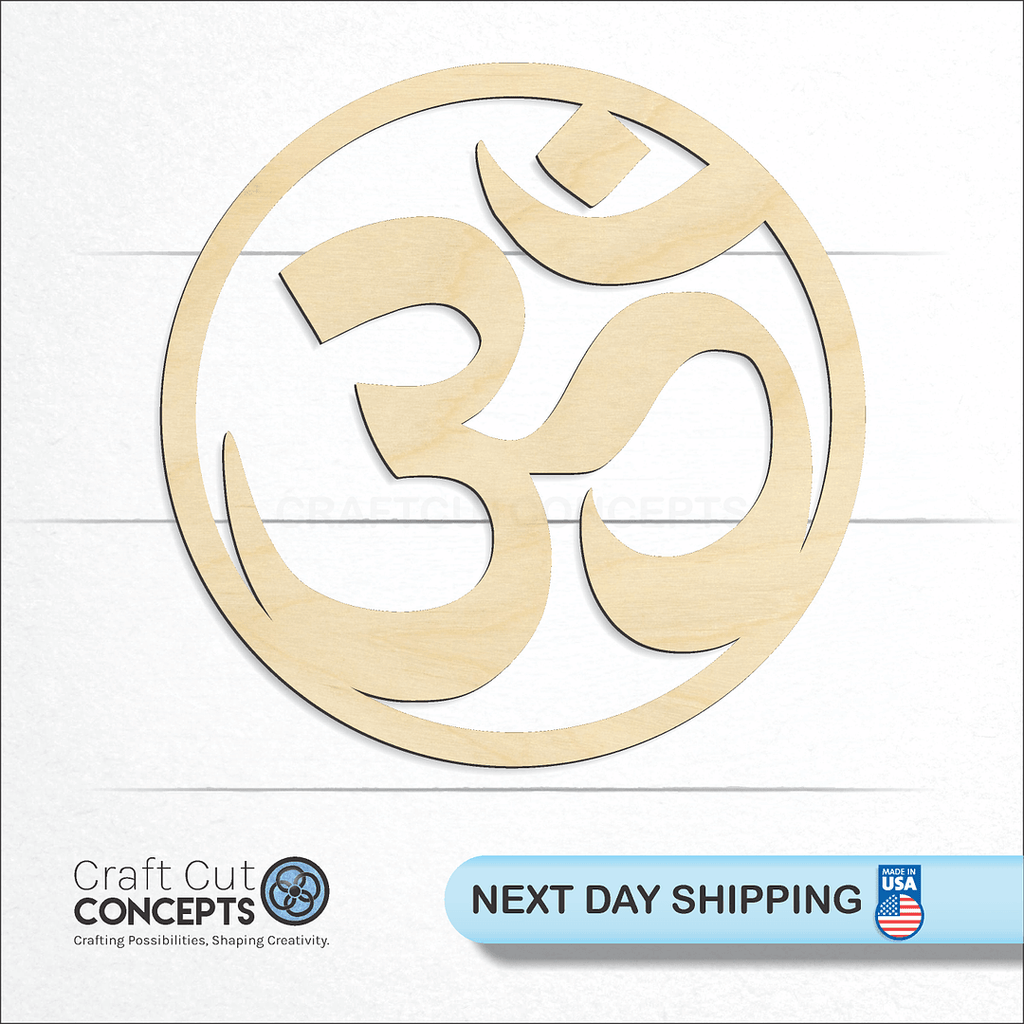 Craft Cut Concepts logo and next day shipping banner with an unfinished wood Om Symbol craft shape and blank