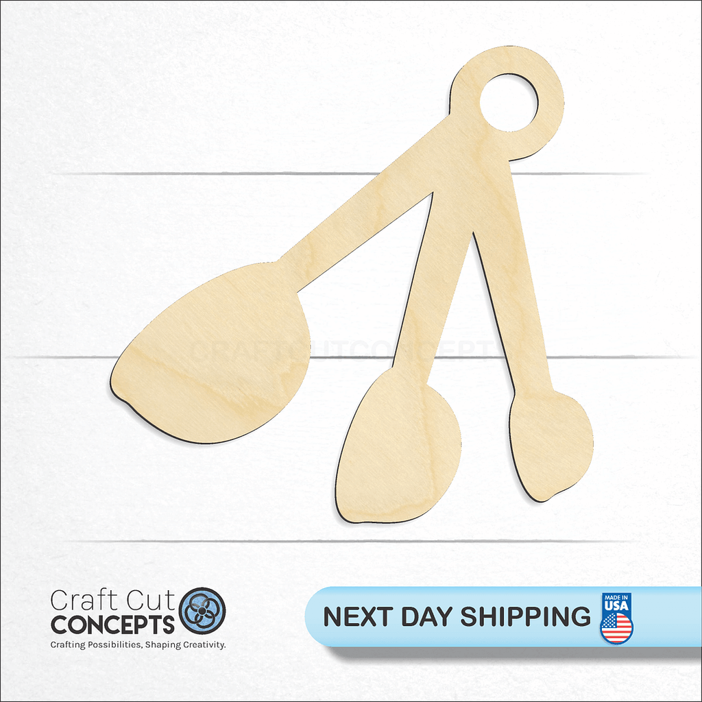 Craft Cut Concepts logo and next day shipping banner with an unfinished wood Measuring Spoons craft shape and blank