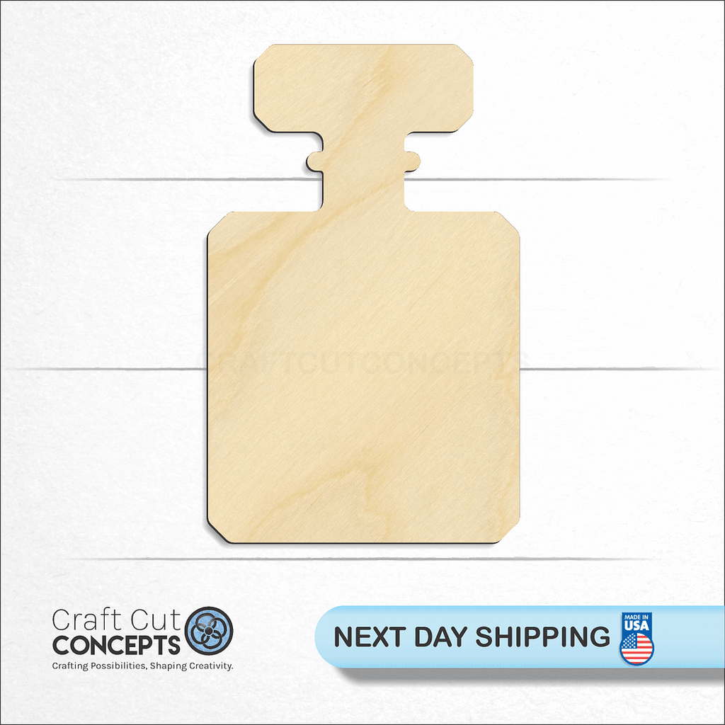 Craft Cut Concepts logo and next day shipping banner with an unfinished wood Perfume Bottle craft shape and blank