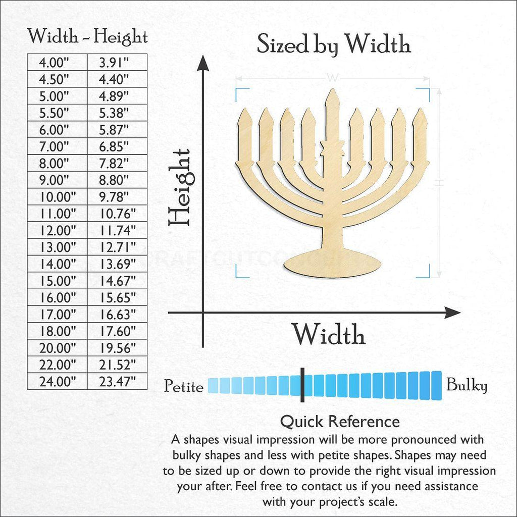 Sizes available for a laser cut Menorah craft blank