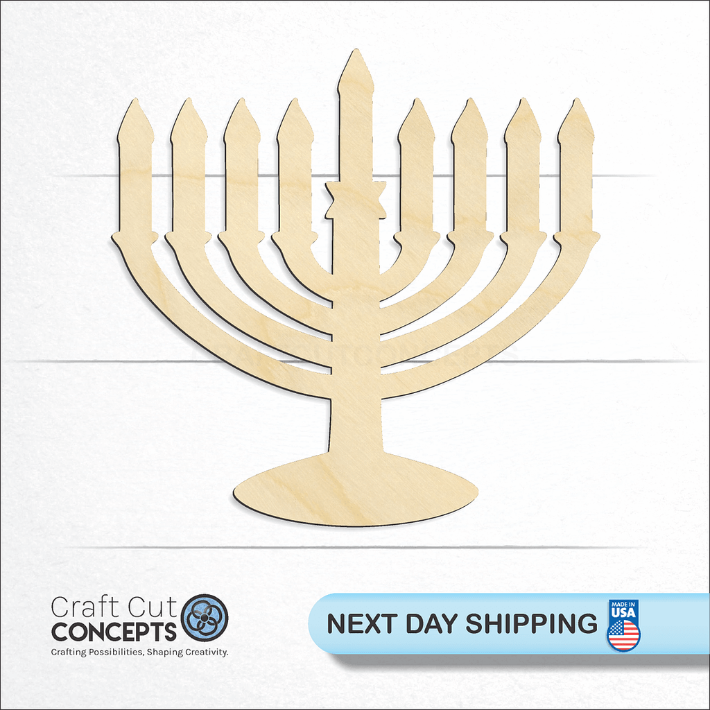 Craft Cut Concepts logo and next day shipping banner with an unfinished wood Menorah craft shape and blank