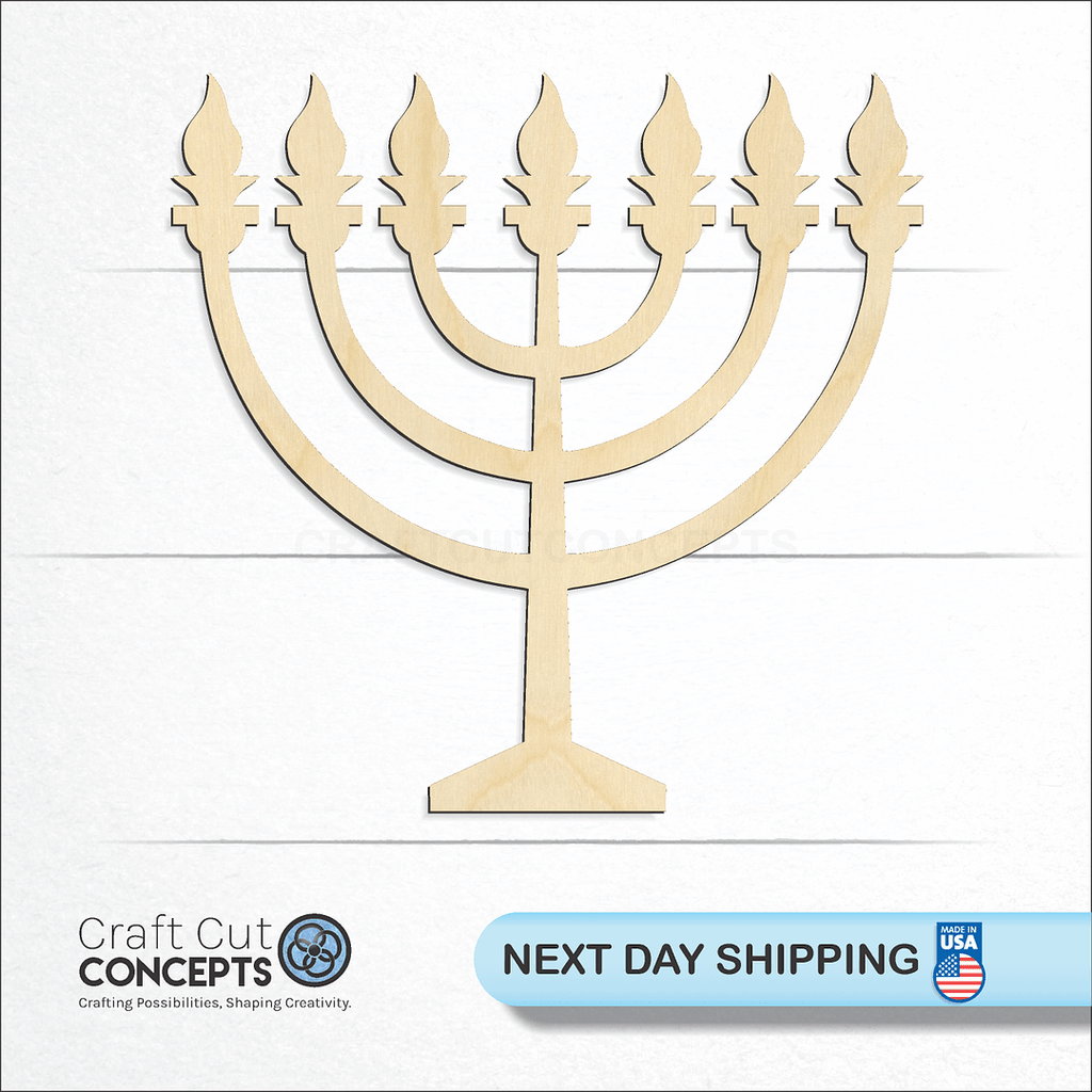 Craft Cut Concepts logo and next day shipping banner with an unfinished wood Menorah craft shape and blank