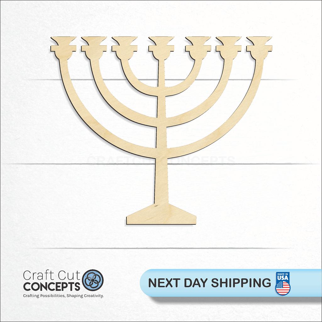 Craft Cut Concepts logo and next day shipping banner with an unfinished wood Menorah craft shape and blank