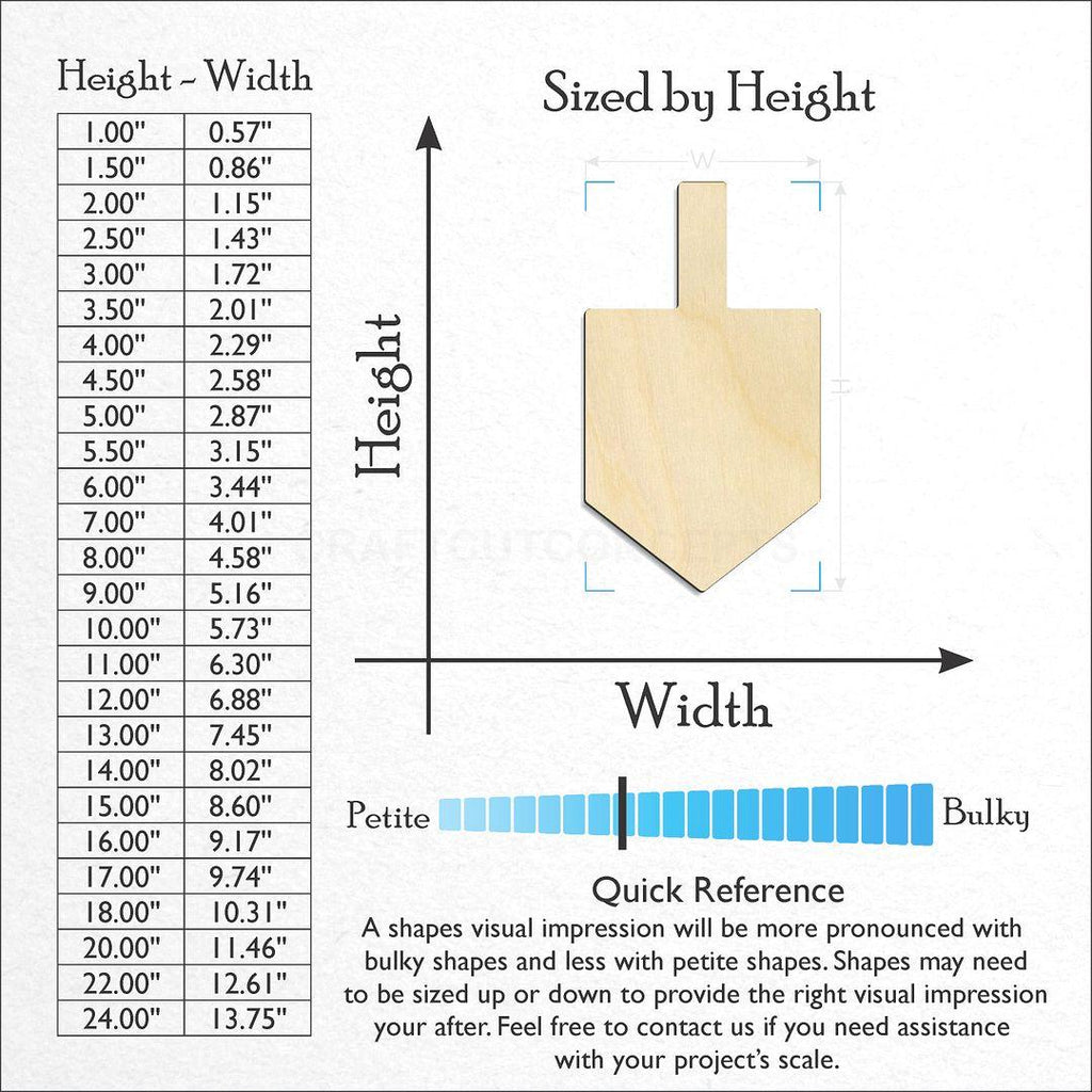 Sizes available for a laser cut Dreidle craft blank