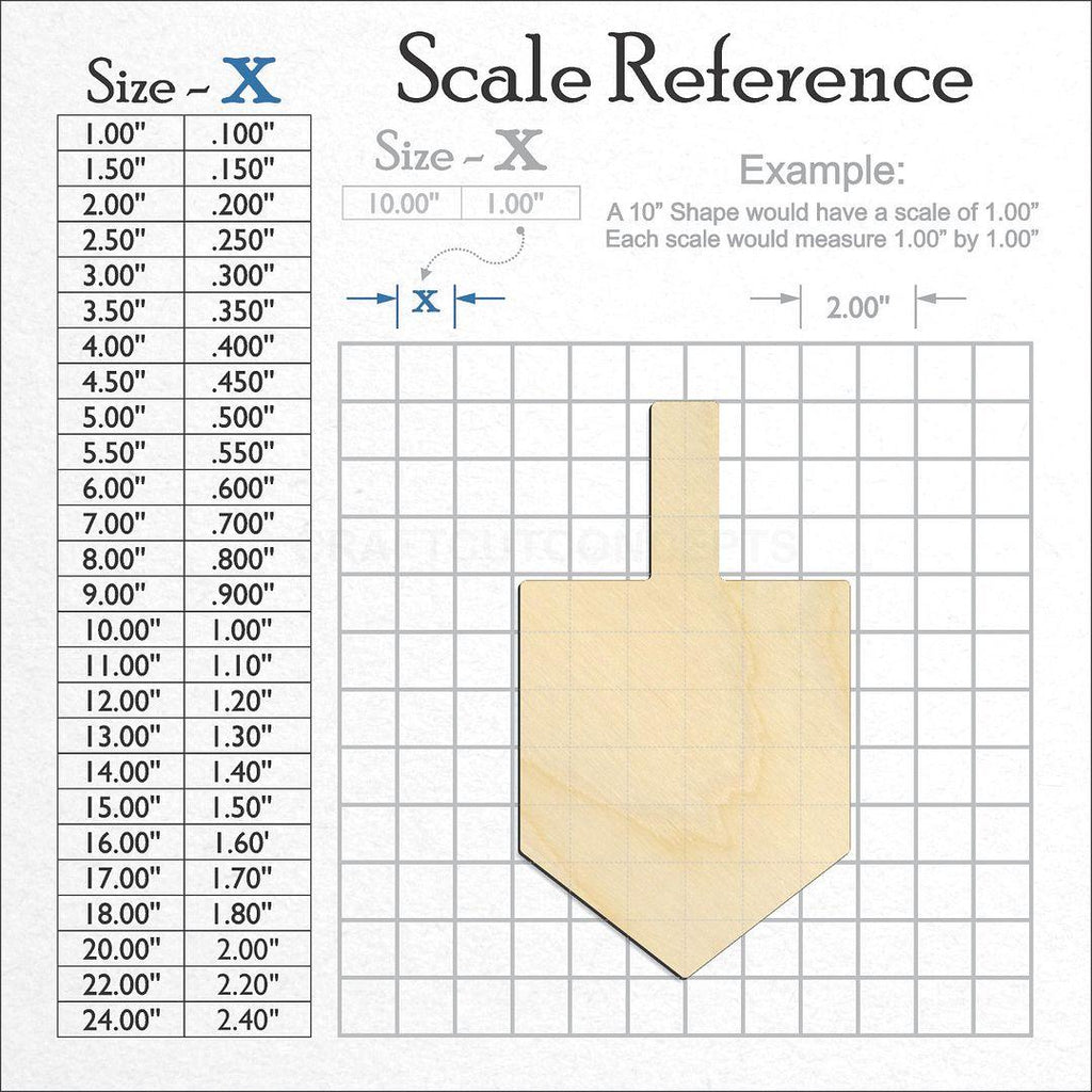 A scale and graph image showing a wood Dreidle craft blank