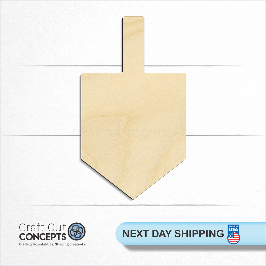 Craft Cut Concepts logo and next day shipping banner with an unfinished wood Dreidle craft shape and blank