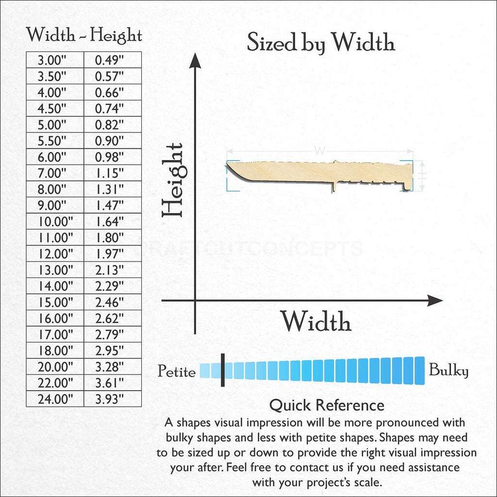 Sizes available for a laser cut Hunting Knife craft blank