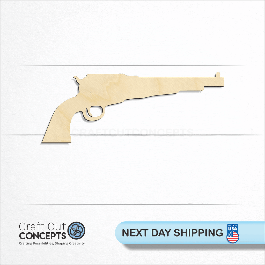 Craft Cut Concepts logo and next day shipping banner with an unfinished wood Revolver craft shape and blank