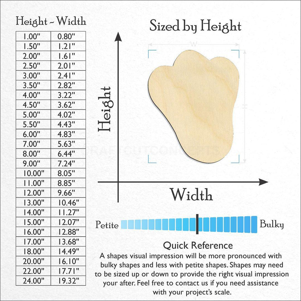 Sizes available for a laser cut Rabbit Foot Print craft blank