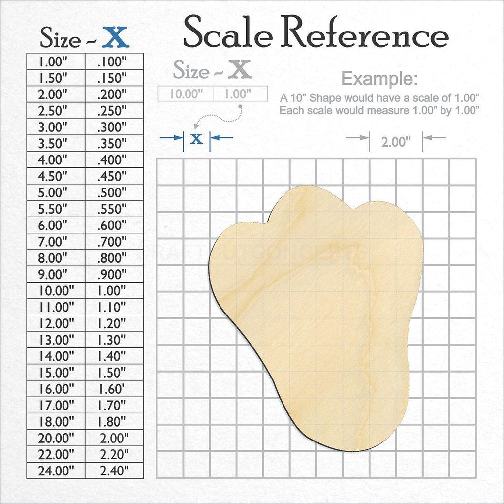 A scale and graph image showing a wood Rabbit Foot Print craft blank