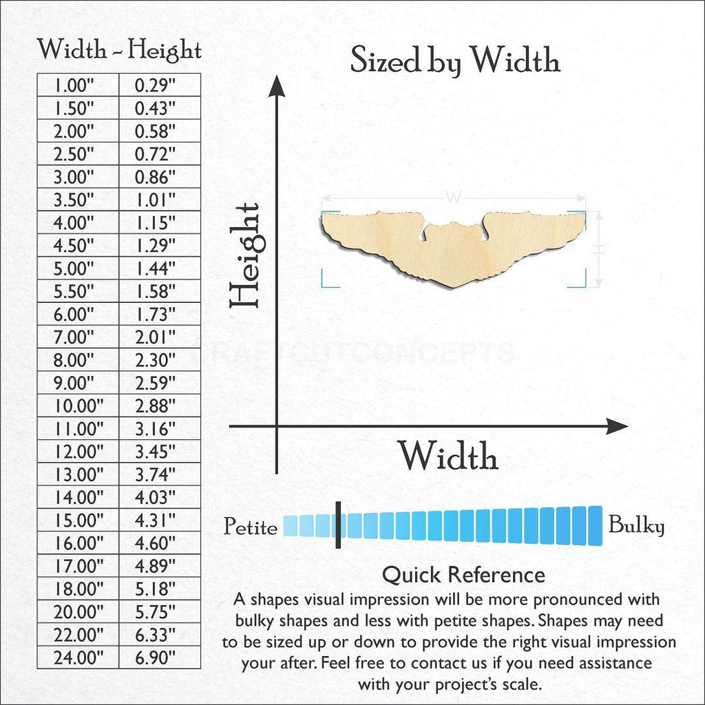 Sizes available for a laser cut Pilot Wings craft blank