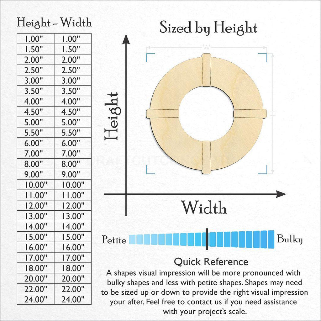 Sizes available for a laser cut Life Raft Ring craft blank