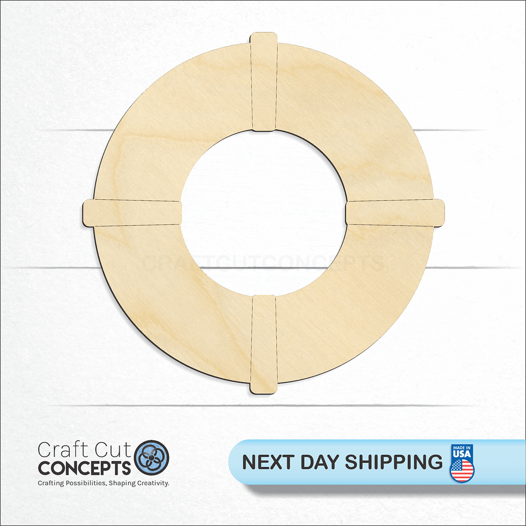 Craft Cut Concepts logo and next day shipping banner with an unfinished wood Life Raft Ring craft shape and blank