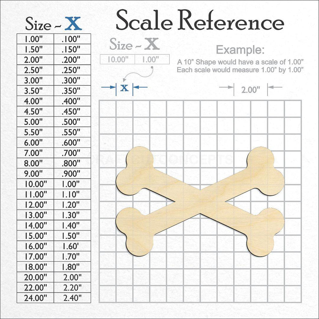 A scale and graph image showing a wood Cross Bones craft blank