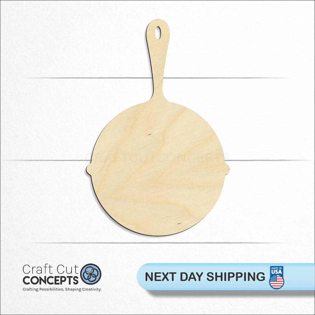 Craft Cut Concepts logo and next day shipping banner with an unfinished wood Cast Iron Pan craft shape and blank