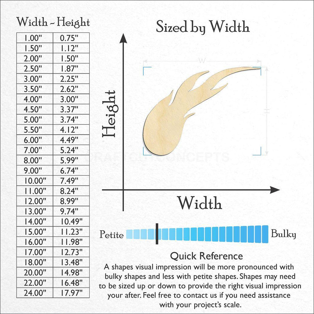 Sizes available for a laser cut Comet Meteor craft blank