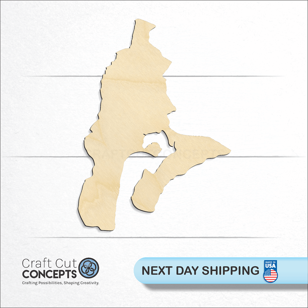 Craft Cut Concepts logo and next day shipping banner with an unfinished wood Vashon island craft shape and blank