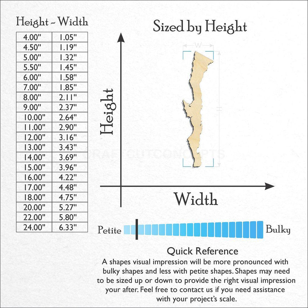 Sizes available for a laser cut Baja California craft blank