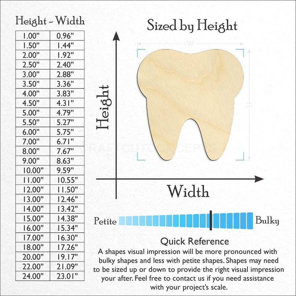 Sizes available for a laser cut Tooth craft blank