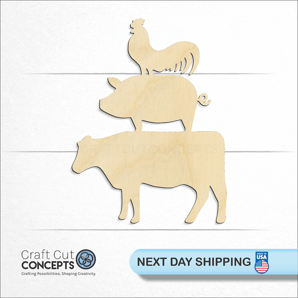 Craft Cut Concepts logo and next day shipping banner with an unfinished wood Cow Pig Sheep craft shape and blank