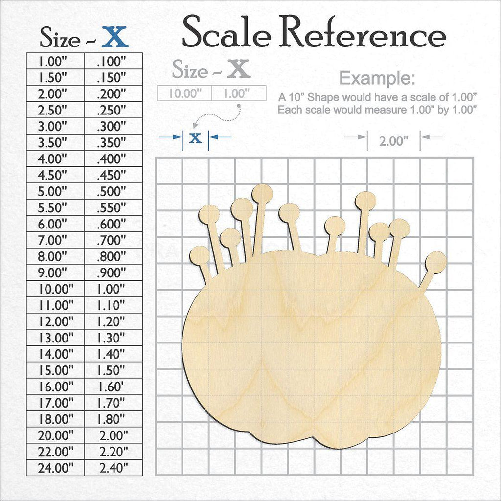 A scale and graph image showing a wood Pin Cushion craft blank