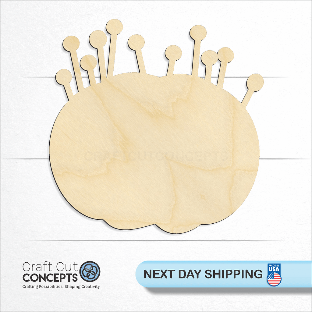 Craft Cut Concepts logo and next day shipping banner with an unfinished wood Pin Cushion craft shape and blank