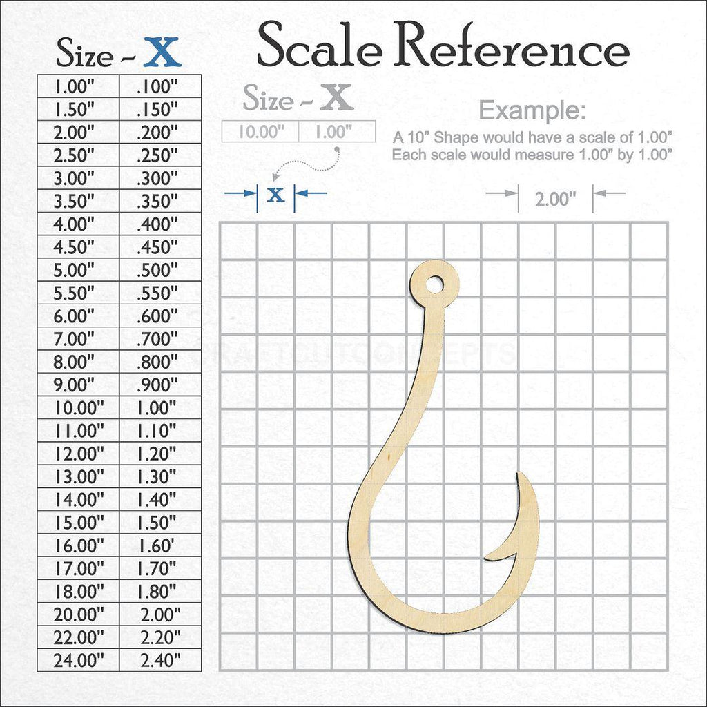 A scale and graph image showing a wood Fishhook craft blank