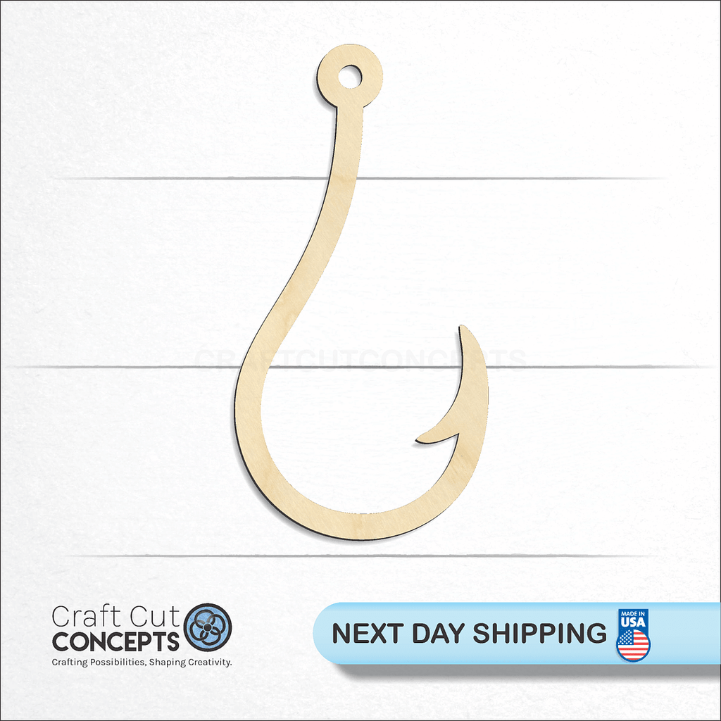 Craft Cut Concepts logo and next day shipping banner with an unfinished wood Fishhook craft shape and blank