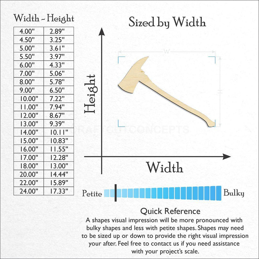 Sizes available for a laser cut Fireman Axe craft blank