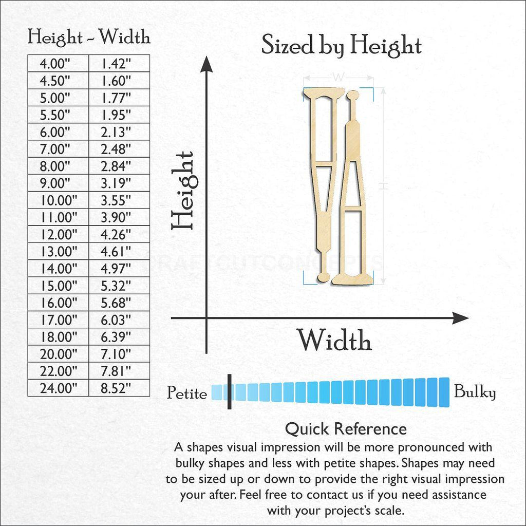 Sizes available for a laser cut Crutches craft blank