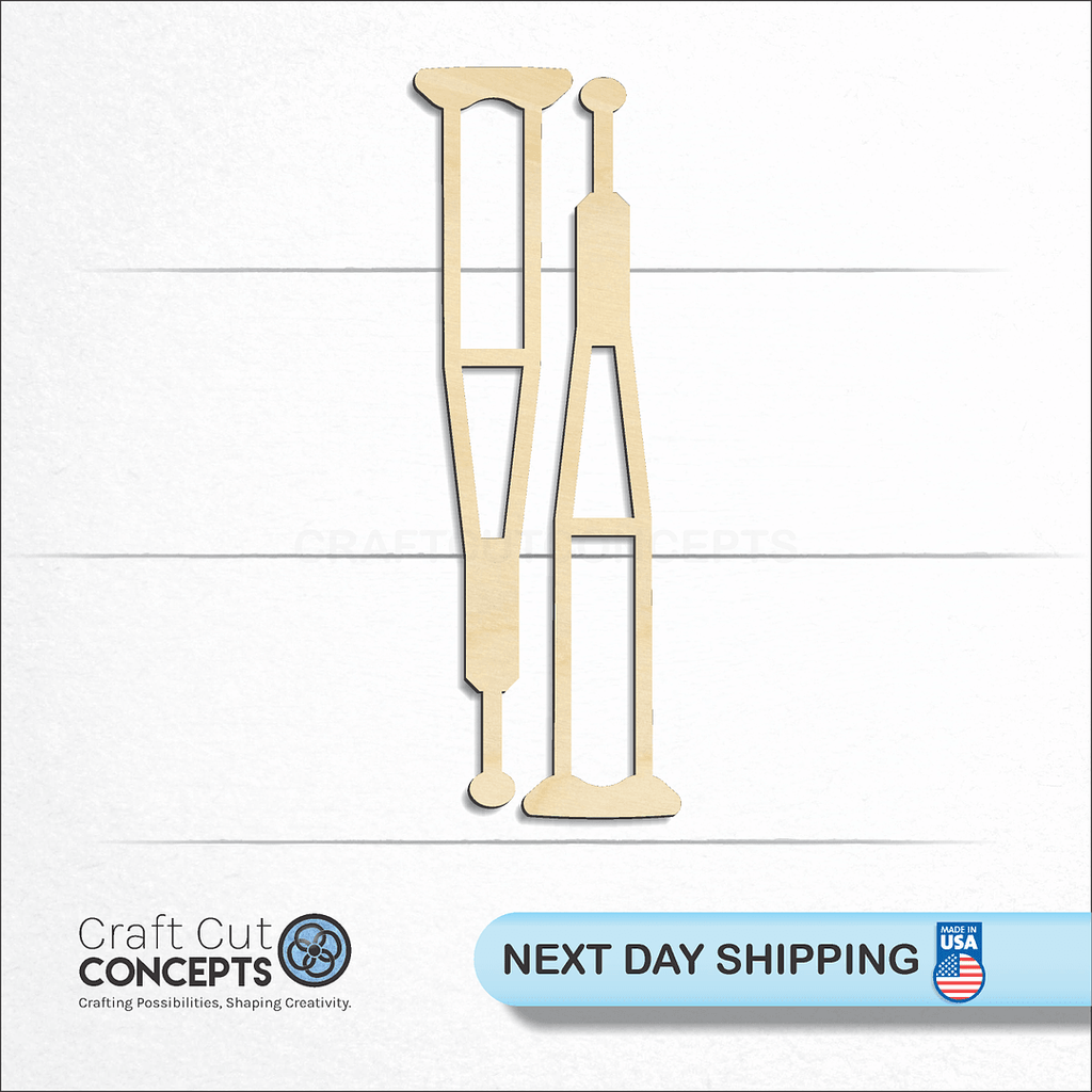 Craft Cut Concepts logo and next day shipping banner with an unfinished wood Crutches craft shape and blank