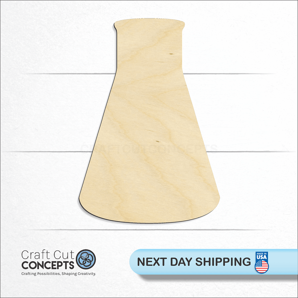 Craft Cut Concepts logo and next day shipping banner with an unfinished wood Erlenmeyer Flask craft shape and blank