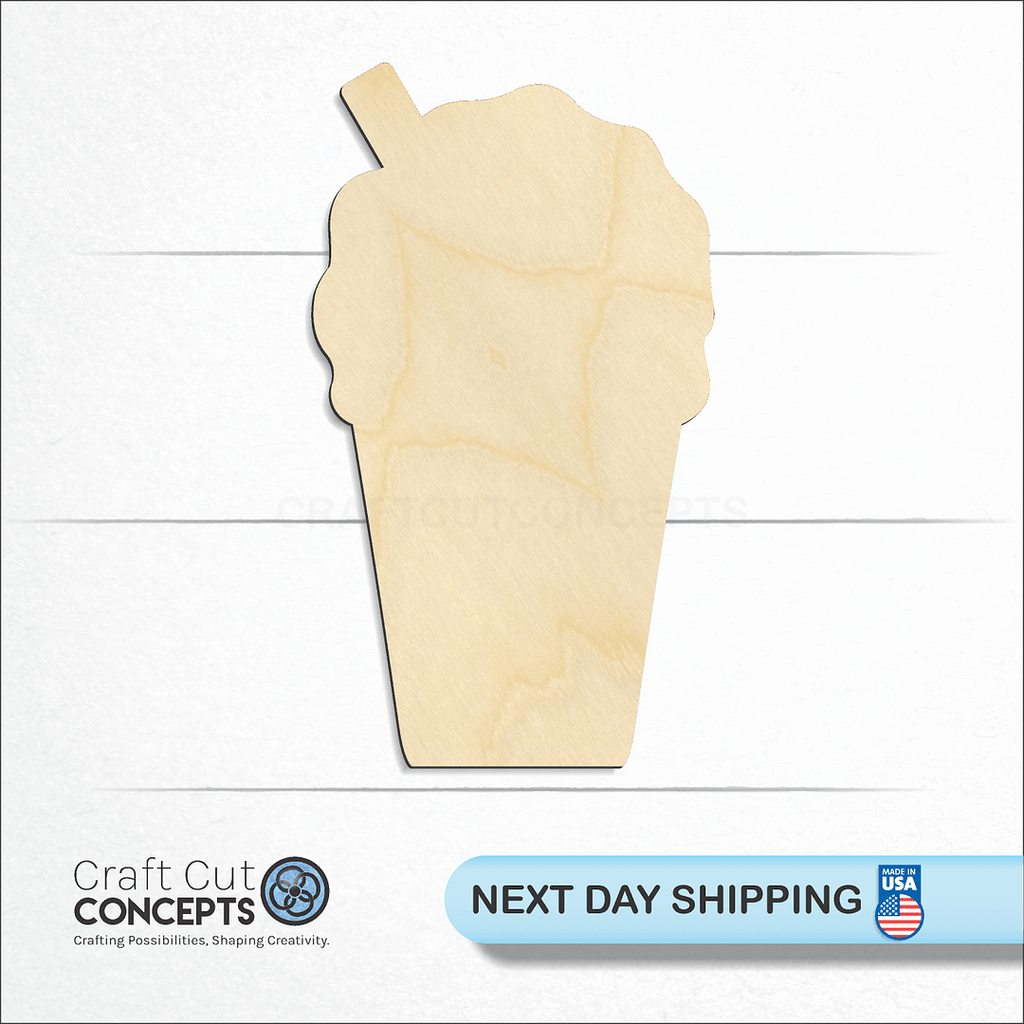 Craft Cut Concepts logo and next day shipping banner with an unfinished wood Icee Snow Cone craft shape and blank