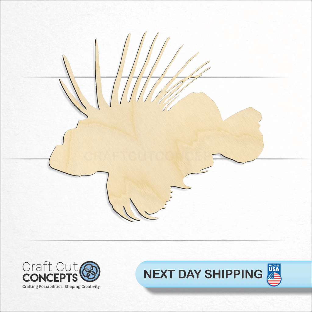 Craft Cut Concepts logo and next day shipping banner with an unfinished wood Lion Fish craft shape and blank