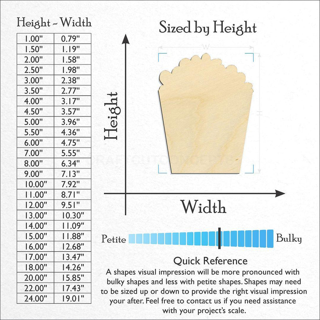 Sizes available for a laser cut Movie Theater Popcorn craft blank