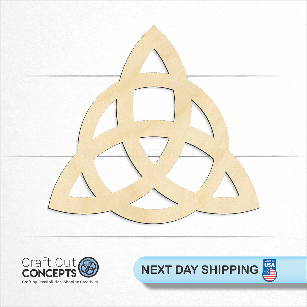 Craft Cut Concepts logo and next day shipping banner with an unfinished wood Circled Triqueta Symbol craft shape and blank