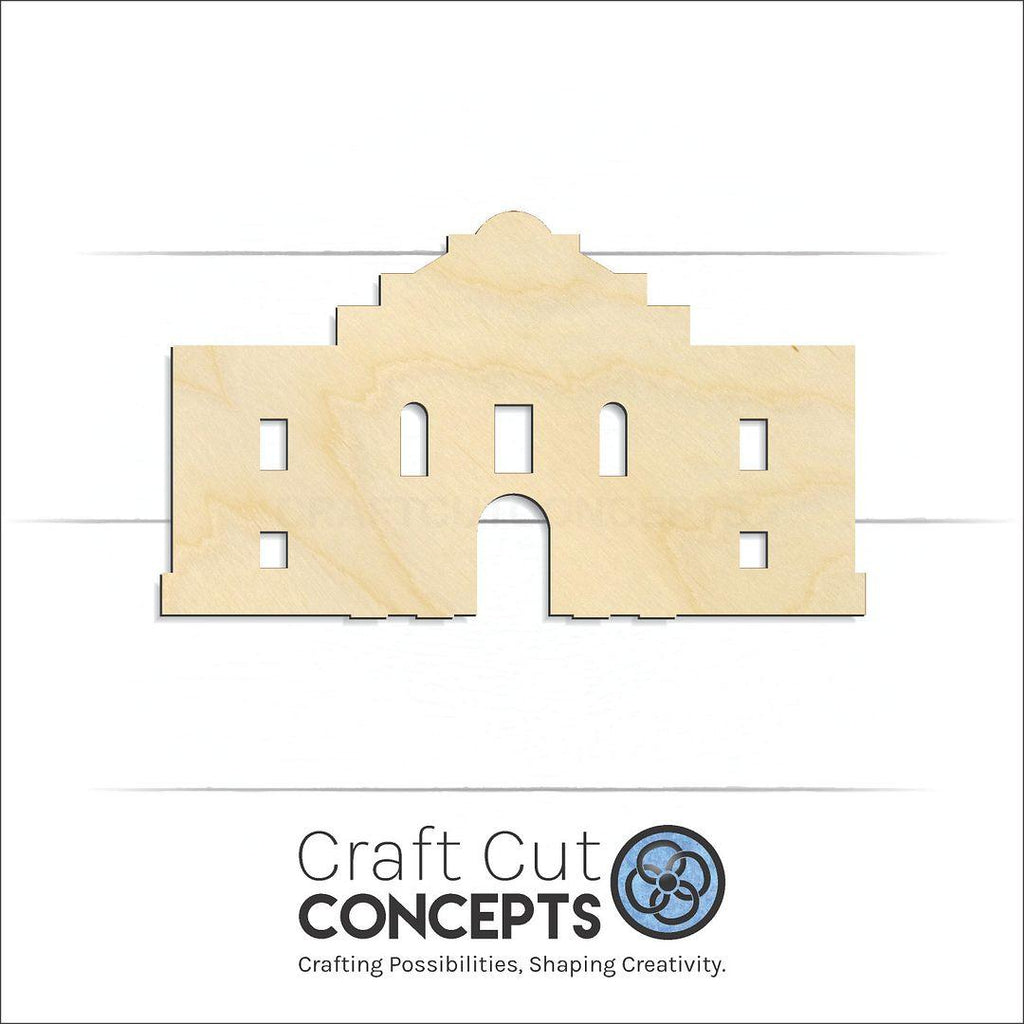 Craft Cut Concepts Logo under a wood Texas Alamo Monument craft shape and blank