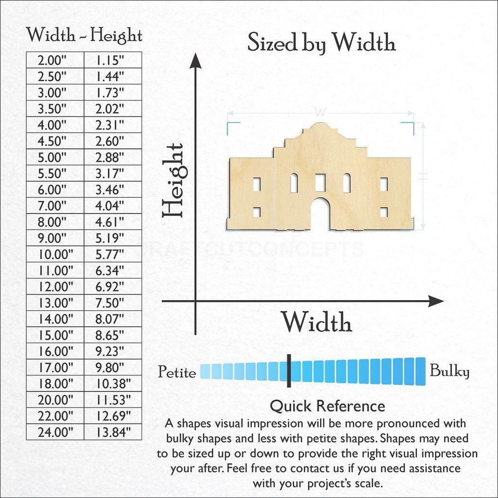 Sizes available for a laser cut Texas Alamo Monument craft blank