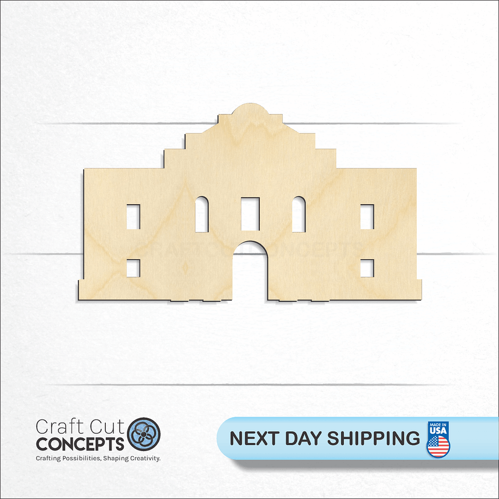 Craft Cut Concepts logo and next day shipping banner with an unfinished wood Texas Alamo Monument craft shape and blank