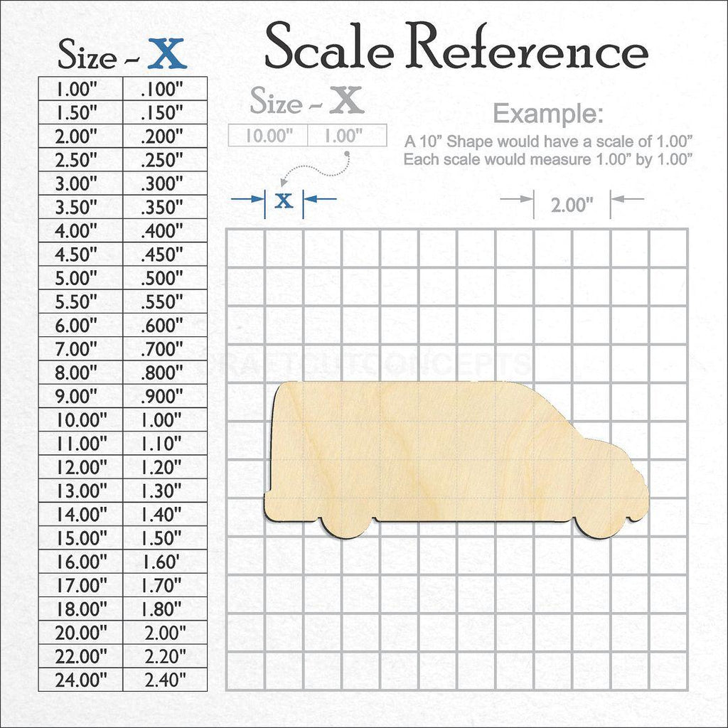 A scale and graph image showing a wood Cargo Van Work Truck craft blank