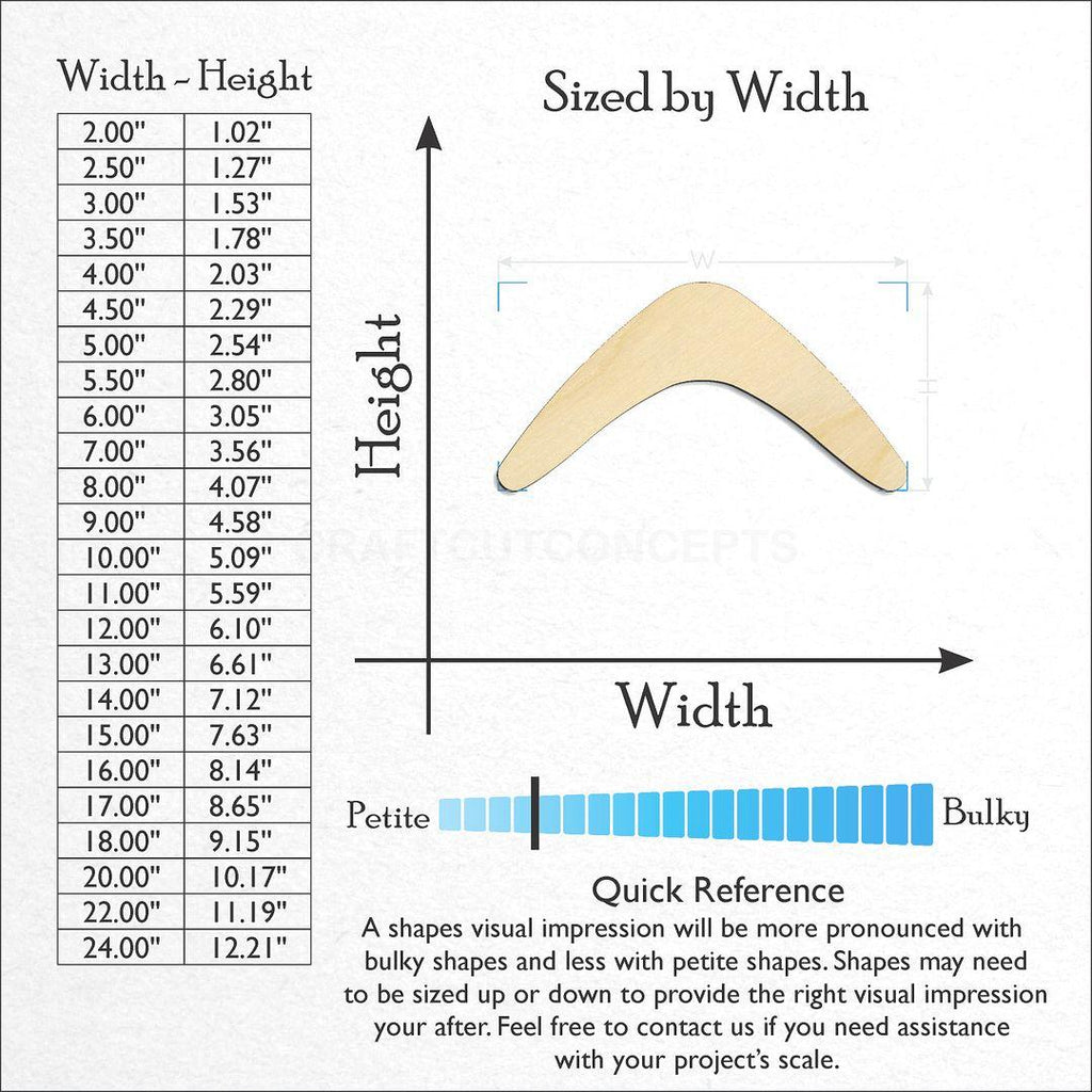 Sizes available for a laser cut Boomerang craft blank