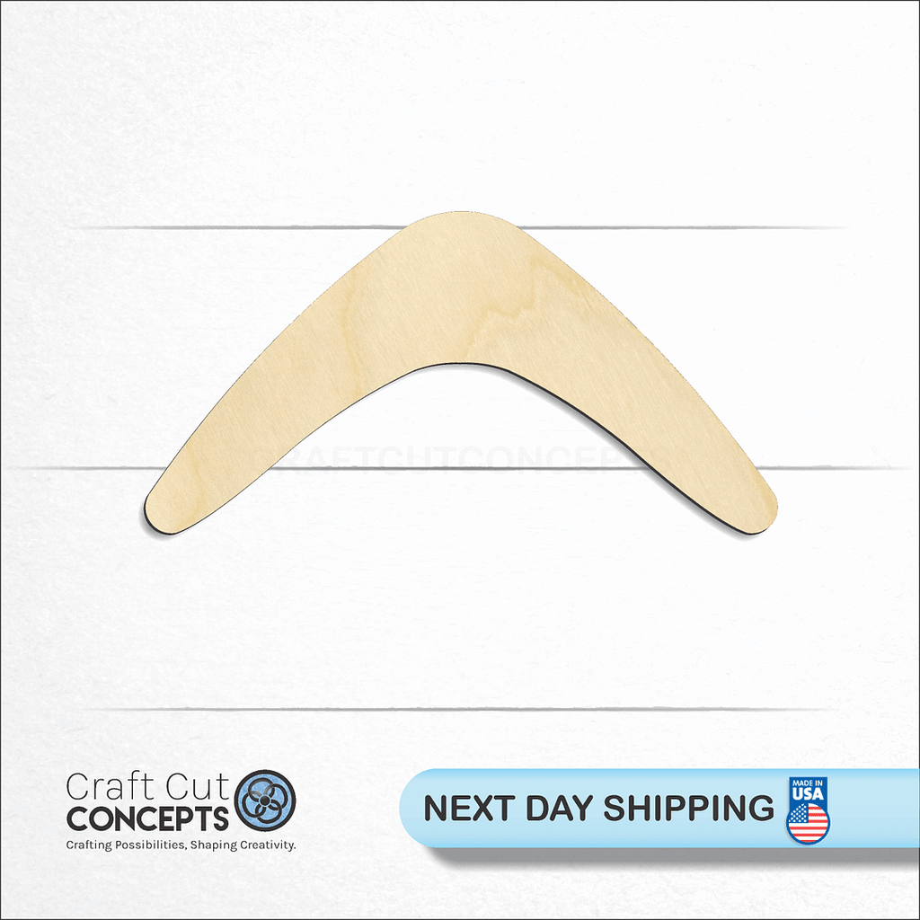 Craft Cut Concepts logo and next day shipping banner with an unfinished wood Boomerang craft shape and blank