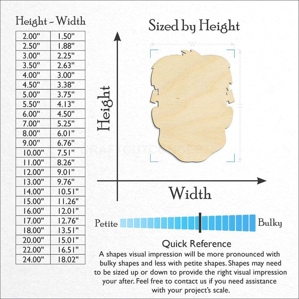 Sizes available for a laser cut Frankenstein Head craft blank